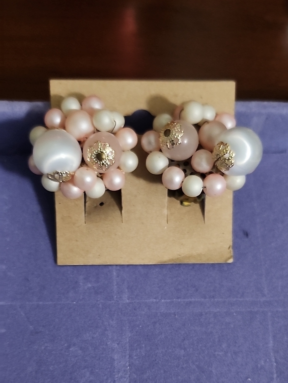 Pink and Cream Cluster Pearl Clip-On Earrings